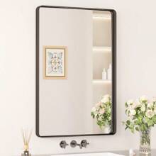 Keonjinn Black Bathroom Mirror For Vanity 24 X 36 Inch Metal Framed Wall Mirror Matte Black Rounded Rectangle Farmhouse Mirror HD Tempered Glass Wall-Mounted Decorative Mirror Horizontal Vertical Home Bathroom Decor