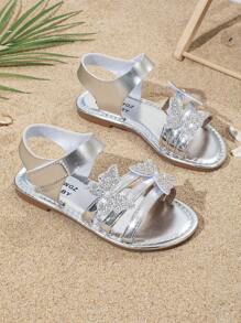 Summer Girls Elegant Sandals, Butterfly Decor, Round Toe Flat Open Toe, Silver Princess Roman Shoes, Stylish For Resort Beach Walking