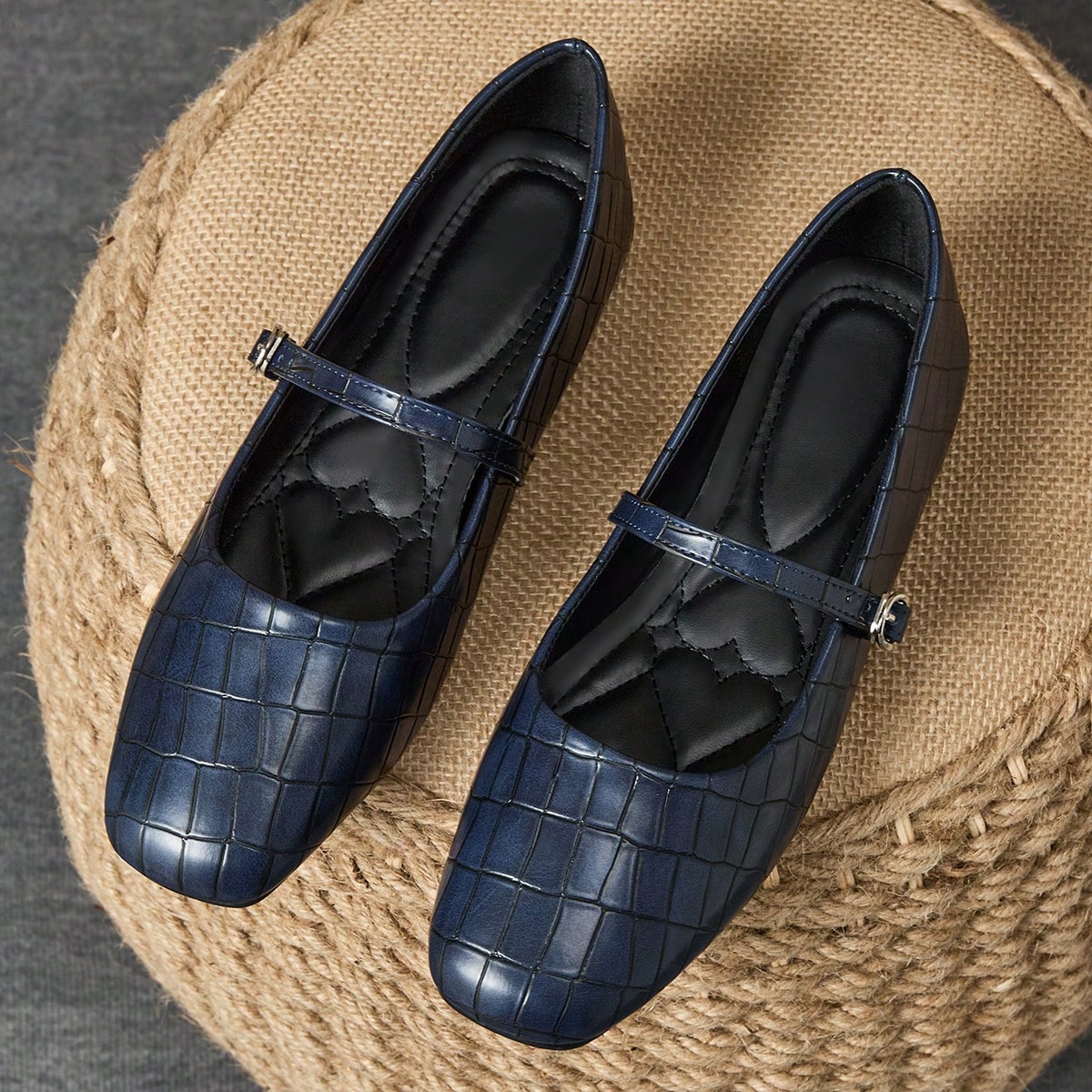 Zapatos azules de mujer con puntera cuadrada y diseño slip-on, bailarinas versátiles para uso casual y oficina, zapatos de alta calidad para caminar