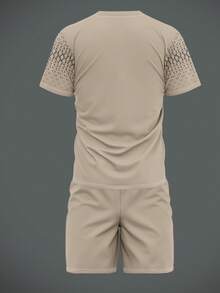 男士几何印花短袖T恤短裤套装，简约时尚，适合夏季穿着 - 卡其色 - 查看 4