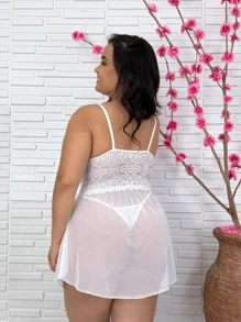 Sexy Plus Size Tulle And Lace Nightgown With Sensual Panties - White - View 2