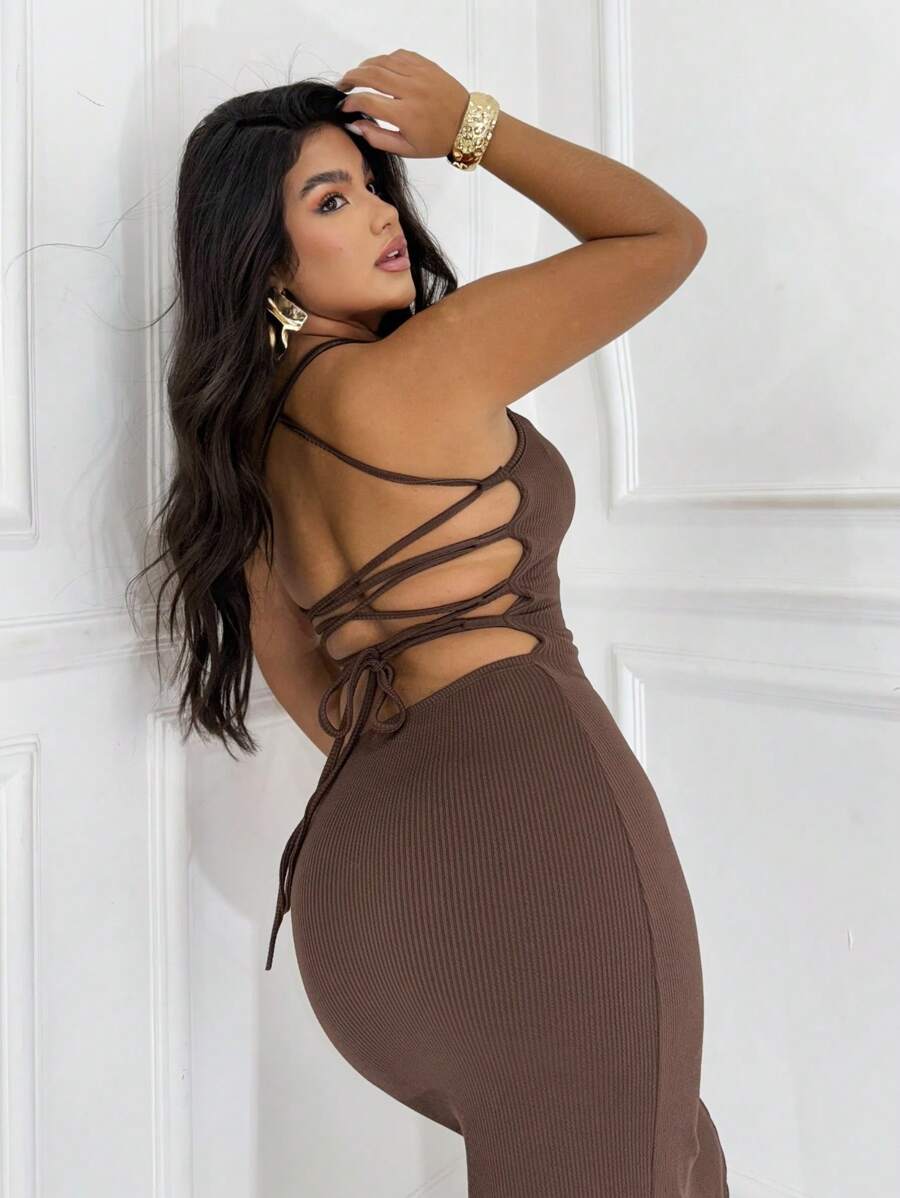 Women's Long Dress With Open Back, Braided Premium Fabric, Slit - Coffee - View 1
