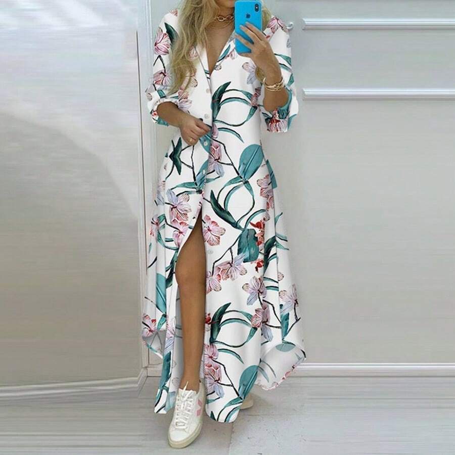 Loose Shirt Dress With Buttons Front, Casual Solid Color Split Hem Dress In Spring And Autumn, Shirt Dresses For Women - màu xanh lá - Xem 1