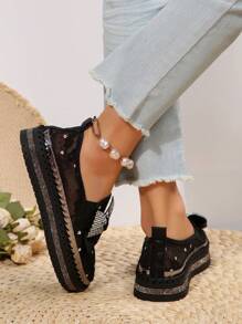 Damskie buty sportowe w dużych rozmiarach na jesień/zimę, zdobione kryształkami, przeszycia motylkowe, płaskie, okrągłe noski, gumka, buty codzienne, trampki damskie - Czarne - Zobacz 7