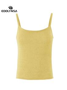 2025夏季性感针织度假女式吊带背心，亮面奶油黄细肩带背心 - 黃色 - 查看 5