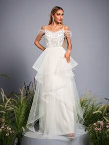 Off-The-Shoulder High-End Pearl Beaded Mesh Wedding Dress,Bride - White - View 4