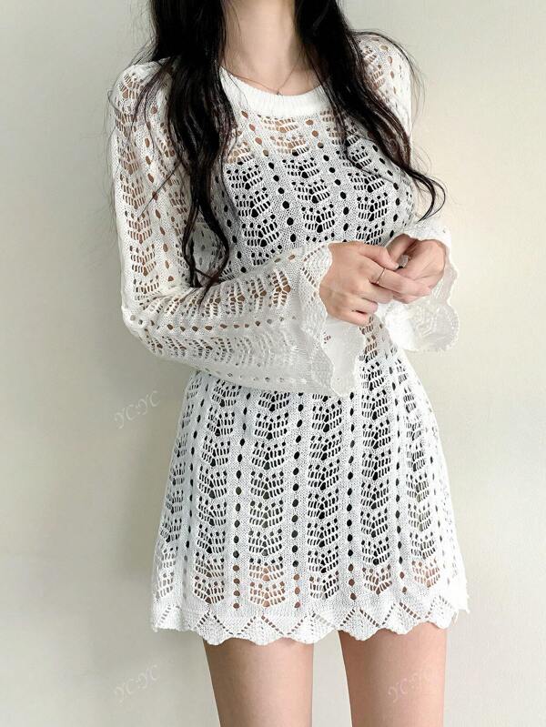 Hollow Out Sexy Slimming Long Sleeve Cover Up Dress For Women, For Summer Beach Vacation