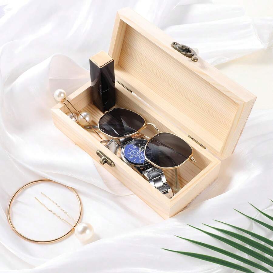 Plain Unfinished Wood Pencil Box, Unpainted Rectangle DIY Artist Tool And Brush Storage Box Case With Locking Clasp, Small