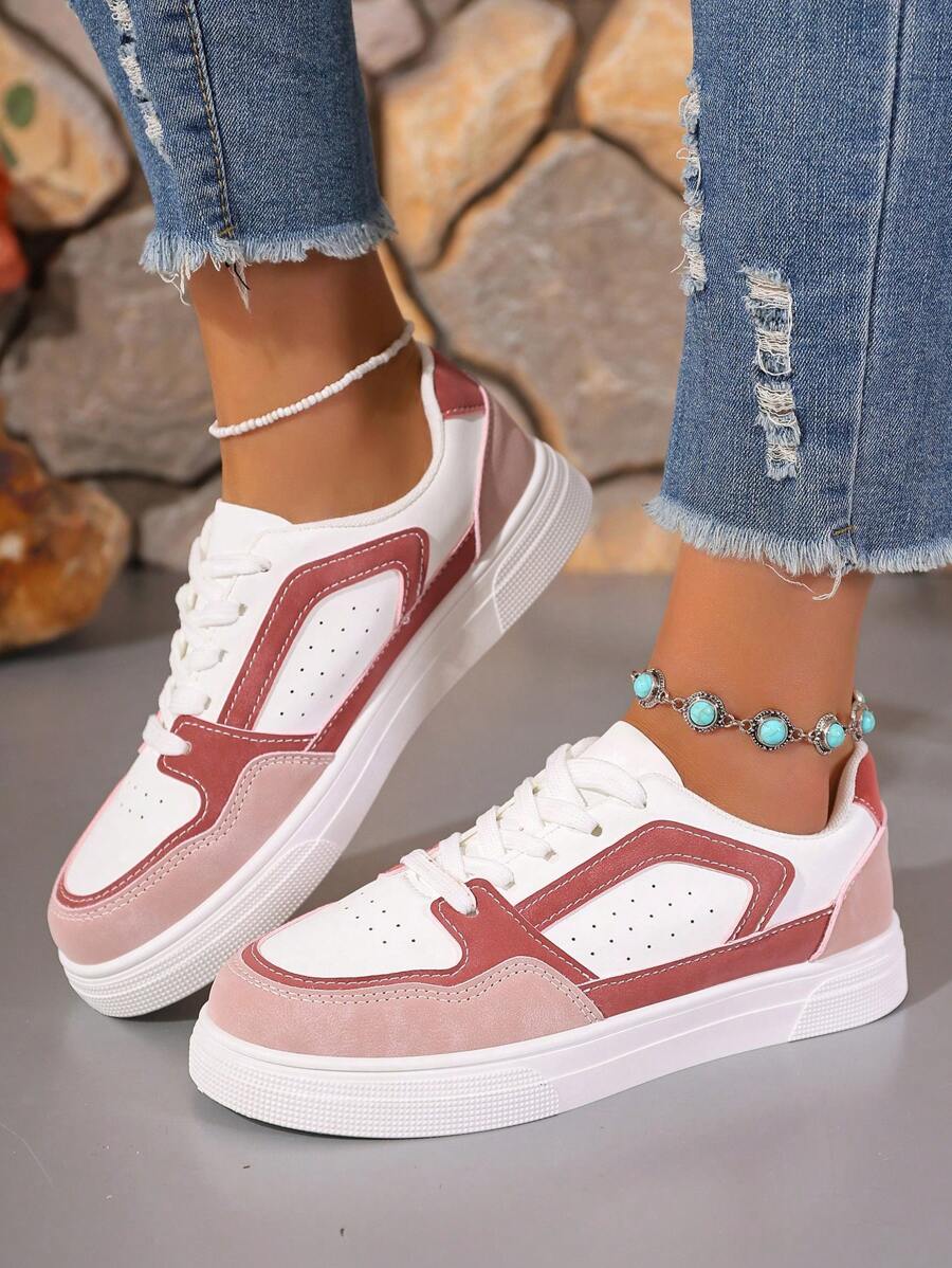 Fashionable White Sneakers, Student Sports Shoes, Flat Thick Sole Lace Up Breathable Comfortable Casual Trainers