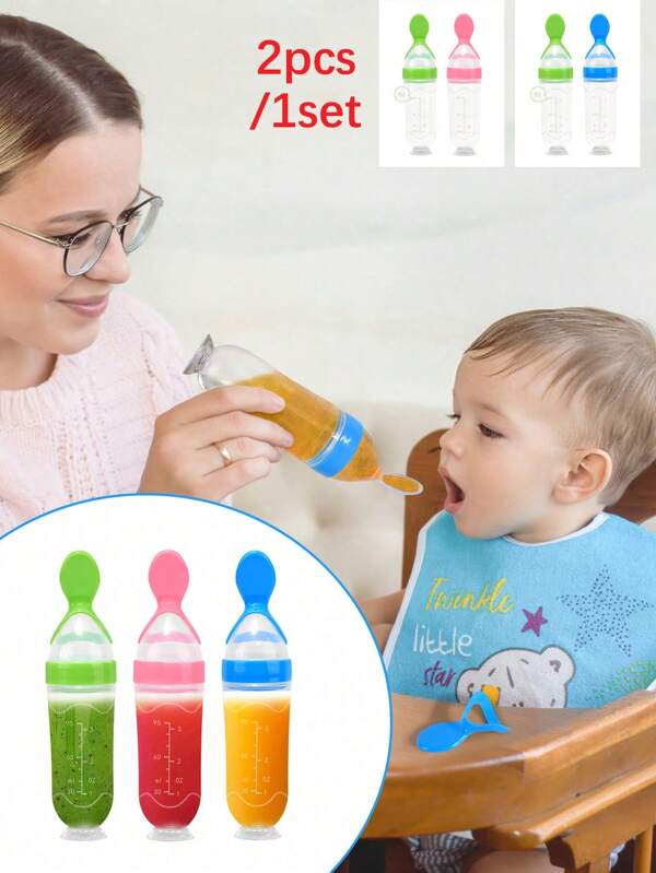 2 pezzi Set di articoli per la pappa per neonati, comprende biberon in silicone per l'alimentazione, cucchiaio per purè e riso e ciotola con ventosa