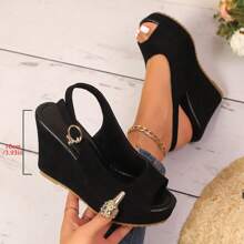 2026 New Fashion Women's One-Buckle Bow Rhinestone Decor Adjustable PU Strap Thick Sole Wedge Heel Classic Sandals - Black - View 2