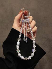 1pc Rhinestone Rhinestone Butterfly Decor Mobile Phone Chain, High Quality Crystal Bead Mix Style Car Key Chain With Transparent Pad Gifts For Mother, Family, Friends, Birthday, Holiday Phone Charm