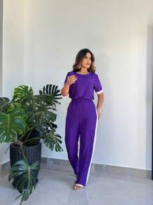 Women's Set: Palazzo Pants And Short-Sleeved Top Summer - 紫色 - 查看 2