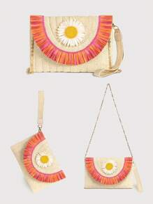 Floral Two-Tone Tassel Beach Resort Style Fashion Straw Handbag With Detachable Chain Shoulder Strap - Beige - View 2