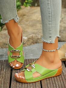 Plus Size Women's 36-45 Summer New Fashion Versatile Dusty Green Metal Buckle Open Toe Wedge Thick Bottom Sandals, Casual Outdoor Beach Holiday Slip On Comfortable Sandals