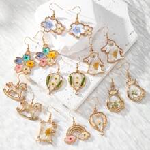 1 Pair Blue Series Preserved Dried Flower Alloy Handmade Resin Flower Drop Earrings