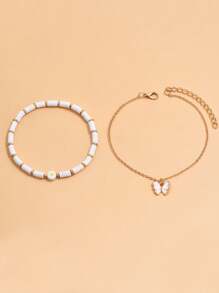 2PCS European And American Beach Style Butterfly Pendant Multi-Layer Anklet Simple Elegant Anklet Suitable For Holiday Parties Wear To Give Women Holiday Gifts - Anklet Set - View 2