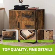 Mobile File Cabinet, 3-Drawer Lockable Filing Cabinets For Home & Office, Printer Stand, Storage Cabinet With Drawers 1 Door 4 Wheels, Office Storage Rolling Office Cabinet (Rustic Brown) - Rust Brown - View 4