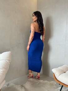 Royal Blue Strapless Midi Dress With Suplex Cup, Ruched Sides, Wrinkled, Strapless, Elegant, Sensual, Tight Fit - Royal Blue - View 3