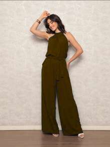 Women's Jumpsuit With Belt And Pocket - Coffee Brown - View 1