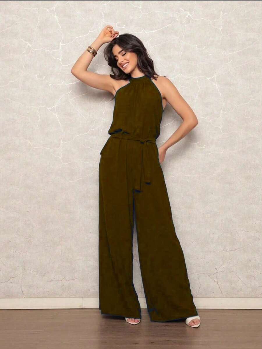 Women's Jumpsuit With Belt And Pocket - Coffee Brown - View 1