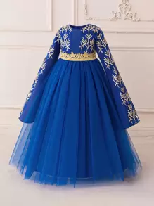Young Girls Long Sleeve Embroidered Metallic Ribbon & Mesh Elegant Princess Dress, Suitable For Banquet And Holiday Celebration, Fabric Pattern Randomly Cut, Headband Not Included - Royal Blue - View 4