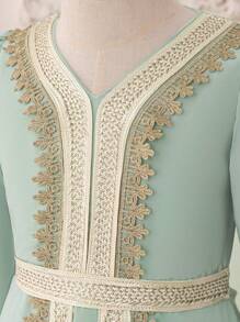 Baby Girls V-Neck Metallic Ribbon Stretchy Elegant Party Princess Dress, Suitable For Family Banquet, Holidays & Celebrations (Headband Not Included)