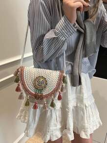 2025 New Spring And Summer Fashion Woven Small Bag Ladies Fashion Straw Semi-Circular Bag High Sense Joker Messenger Bag - Multicolor - View 7