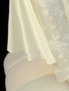 优雅中国风手工青蛙纽扣竹叶熊猫提花荷叶边袖雪纺短袖衬衫束腰外衣，春夏