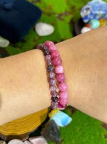 1pc Handmade Beaded "Love Stone" Bracelet Made Of Red Rose Quartz, Promotes Self-Love And Self-Acceptance, Fashion Jewelry Christmas Gift For Women - Pink - View 6