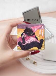 1pc Vintage Millennium Kitten Series Portable Vanity Mirror, Folding Lightweight Ultra Thin Convenient Hand Mirror, PU Leather Case, Stainless Steel Metal Vacuum Plated, Multi-Scene For All People, Folding Square Pocket Mirror