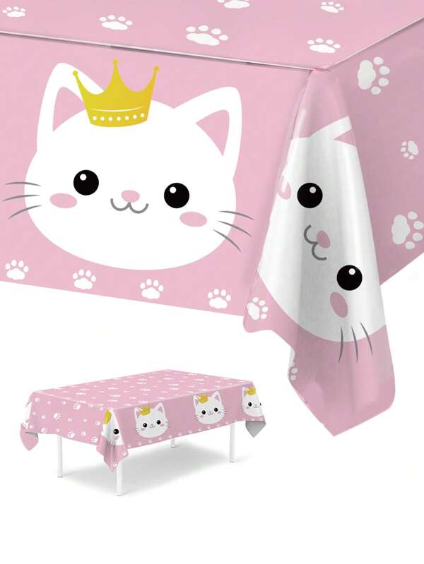 1Pc Pink Cat Pattern Tablecloth, Disposable PE Table Cover, Waterproof Tablecloth, 1st Birthday Party Decoration, Baby Shower Decor, Bridal Shower Favors, Gender Reveal Party Supplies, Wedding Decor, Holiday Party Supplies, Table Decor, Kitchen Decor, Home Decor, Pet Party Decoration