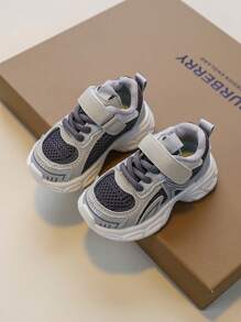 1 Pair Baby Gray Sports Shoes, Hook-And-Loop & Mesh Design, Suitable For Spring & Autumn - Grey - View 3