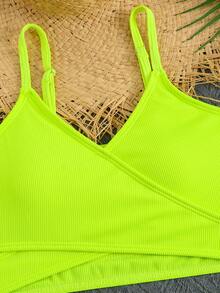 Tankini de traje de baño para niña preadolescente de 8 a 12 años con diseño de cruce en la espalda y diseño de rayas en color amarillo neón - Amarillo - Ver 3