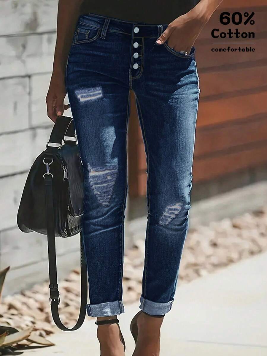 Women's Fitted Distressed Button Front Pocket Jeans - Dark Wash - View 1