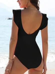 Womens One Piece Swimsuits Tummy Control Bathing Suits Ruffle Sleeve Cutout Swimsuit V Neck Wrap Swimwear,Local Delivery - 黑色 - 查看 2