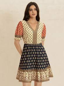 Rusttydustty 波西米亚风女士碎花V领连衣裙，适合夏季海滩度假音乐节