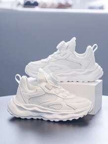 Zapatos deportivos blancos con botón giratorio para niños, zapatos de correr blancos lisos para adolescentes, nuevos zapatos de correr antideslizantes, transpirables de malla, resistentes al desgaste y ligeros para niñas, zapatos casuales cómodos para estudiantes para actividades interiores/exteriores, apropiados para días escolares y uso diario