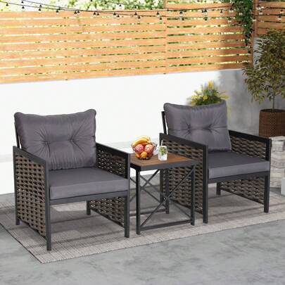 3 Piece Rattan Conversation Set Patio Wicker Chairs And Coffee Table Set