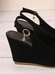 2026 New Fashion Women's One-Buckle Bow Rhinestone Decor Adjustable PU Strap Thick Sole Wedge Heel Classic Sandals - Black - View 7