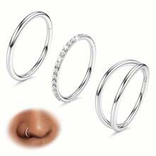 Aros para la nariz de acero inoxidable de titanio 316L, aros dobles brillantes para la nariz de 16G/18G/20G con bisagra y CZ, joyería de piercing para septum, cartílago, hélix, rook, trago y daith de 8mm, 10mm y 12mm - Juego de 3 anillos para la nariz - Ver 3