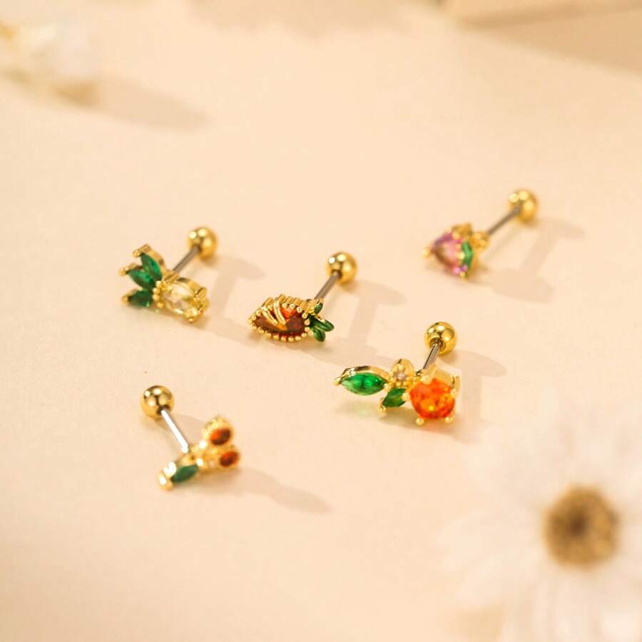 1 peça de brincos de zircônia cúbica colorida e estilosa com frutas, joia de festa doce e chique para mulheres, brincos de 20g, presente de Dia das Mães, presente de Halloween - Ouro amarelo - Ver 1