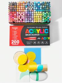 200colors 1set Straight Liquid Acrylic Colour Markers, Water-Based Brush Tip Markers For Rock, Wood, Fabric, Plastic, DIY Crafts – Fine Point Acrylic Markers For Office, Study & Art Supplies –Ideal For Gift