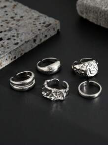 5pcs Minimalist Geometric Liquid Metal Rings Set, Adjustable Fashionable Punk Jewelry For Men