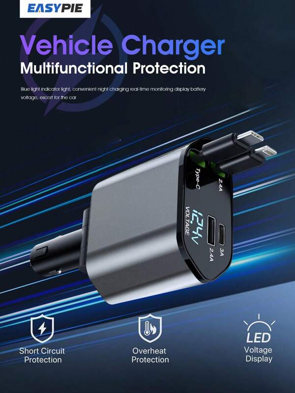 Easypie Selection Easypie Selection 4-In-1 Retractable Car Charger, Fast Charging, 180° Adjustable Direction, Compatible With Iphone 15/14/13/12/11/Plus/Pro/Pro Max'mini/XS/XS Max/XR/X, Galaxy Series