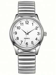 2 piezas Reloj de cuarzo casual de moda con diseño de números en esfera blanca, pulsera de aleación elástica unisex. Un regalo para él, elegido para el Día de San Valentín, reloj a juego, adecuado para cualquier ocasión