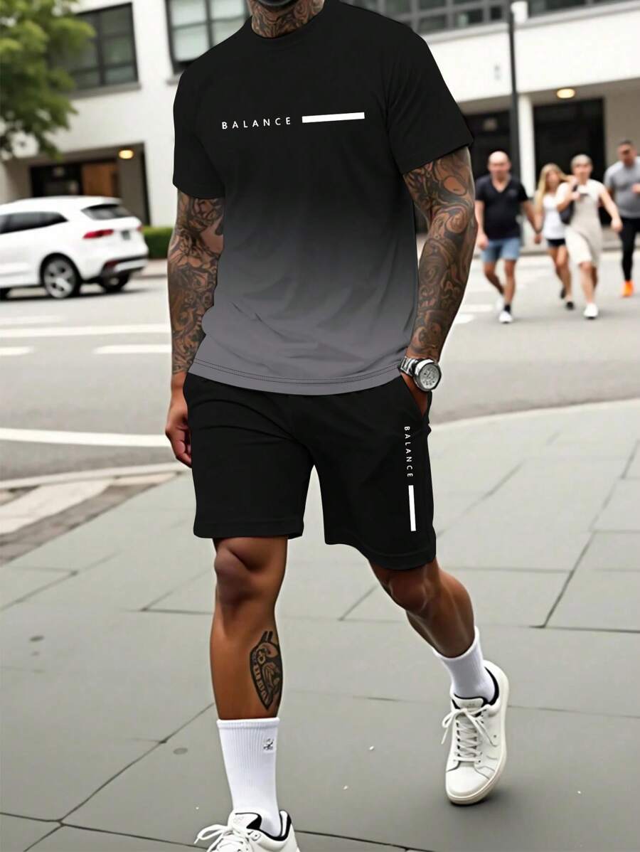 KOVSEE Set de 2 piezas de conjunto deportivo de verano para hombre, camiseta de manga corta con estampado de letras en degradado negro y gris, y shorts transpirables y de secado rápido para actividades al aire libre, correr, baloncesto, fútbol, fitness, un regalo para el novio