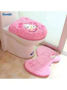 Sanrio Hello Kitty 3pcs Bathroom Set: Soft & Absorbent Carpet, Contour Mat & Toilet Seat Cover - Cozy Polyester Blend For Comfort & Style, Sanrio Bathroom Decor Fall Decor