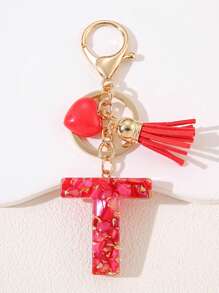 时尚红色首字母钥匙扣 A-Z 英文字母钥匙扣爱心流苏挂饰 女士背包手提包装饰 情人节圣诞礼物创意