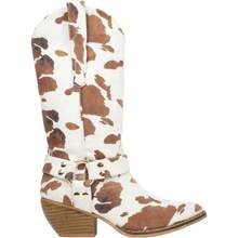 ARiderGirl Evon Women's Western Cowboy Mid Calf Booties Pointed Toe Pull On Metal Buckle Mid Heel Cow Print Boots - Bò Trắng Nâu - Xem 2